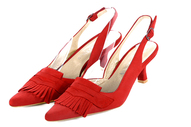 Scarlet red women's slingback shoes. Pointed toe. Medium spool heels. Front view - Florence KOOIJMAN